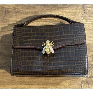 Vintage Lester Bags New York Clutch Purse Alligator Bee Clasp EUC Brown Gold